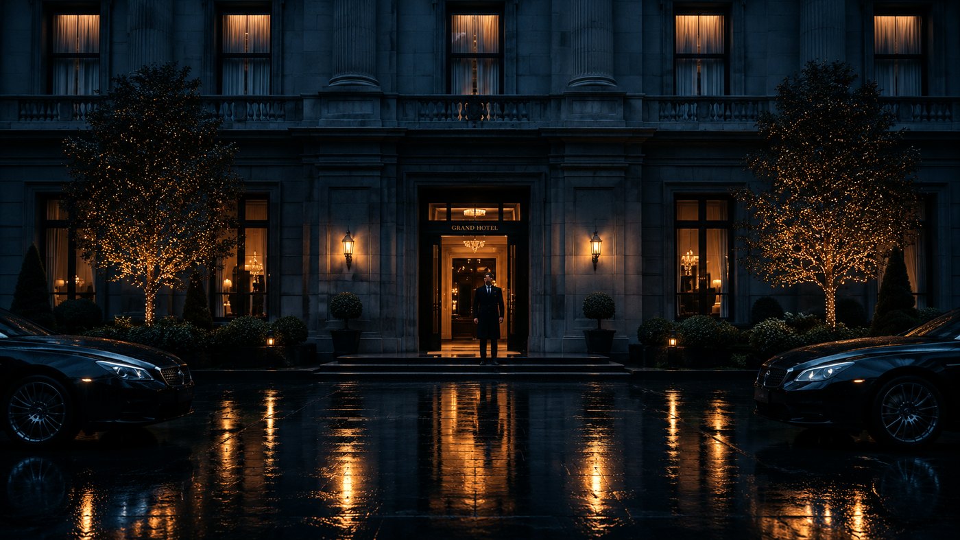 LiMotion® vehicles waiting symmetrically outside a grand hotel entrance at night
