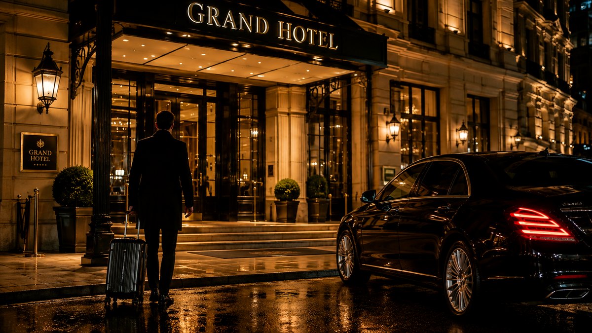 Guest arriving at a grand hotel entrance at night, LiMotion S-Class waiting curb-side