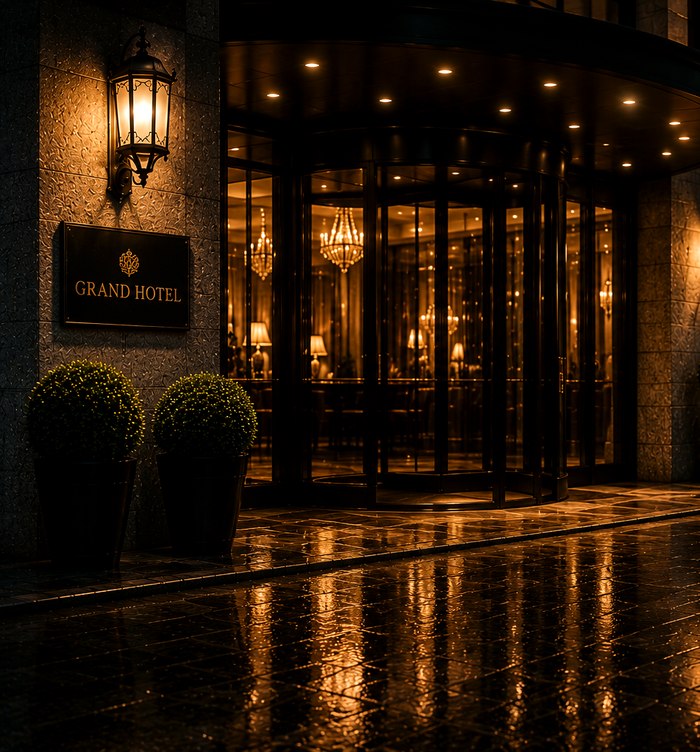 Grand hotel entrance at night, LiMotion guests arriving curb-side