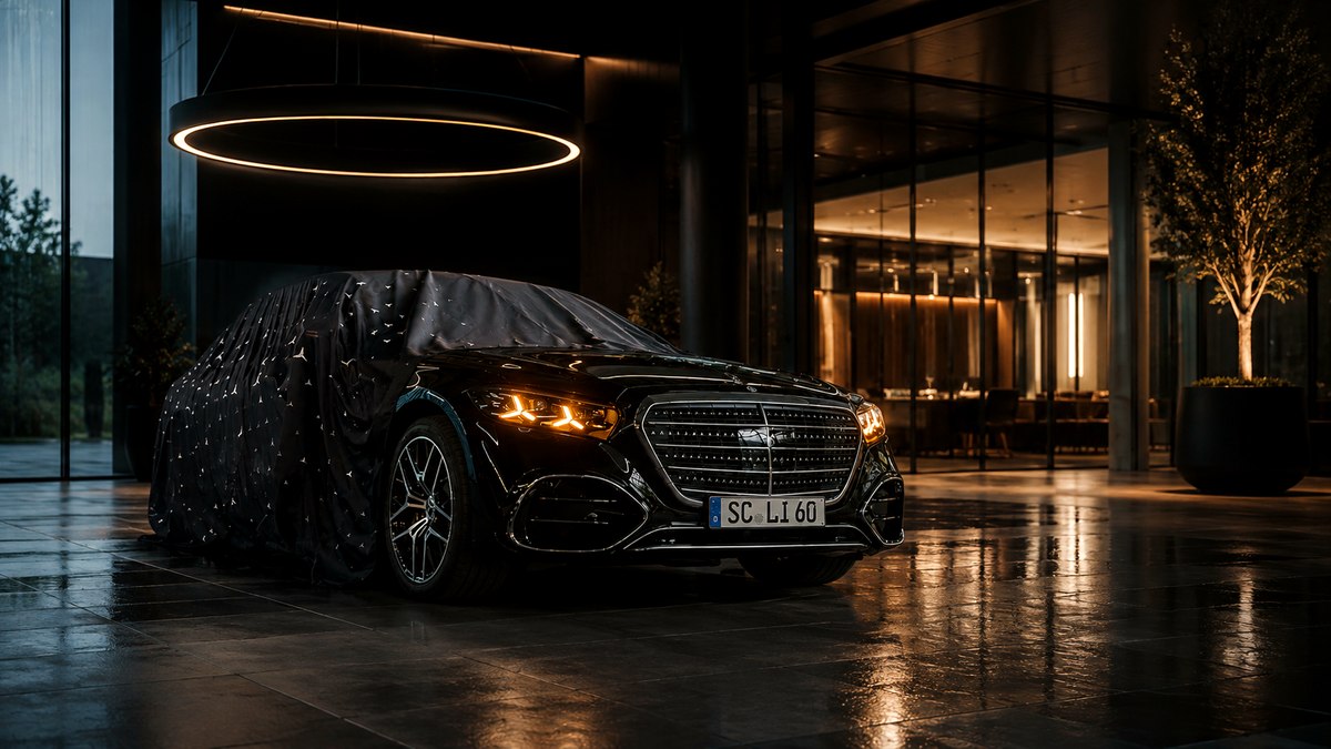 LiMotion® S-Class, cover drawn back, waiting under a private hotel lobby