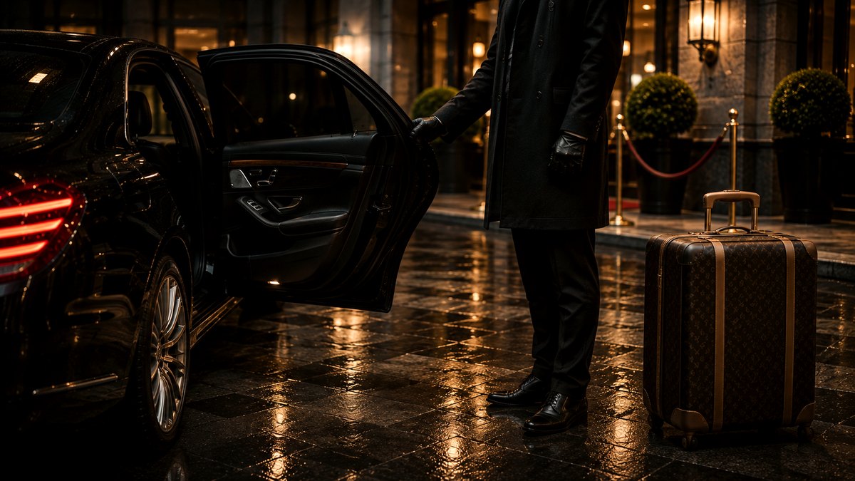 Chauffeur opening the door curb-side at night, luggage waiting